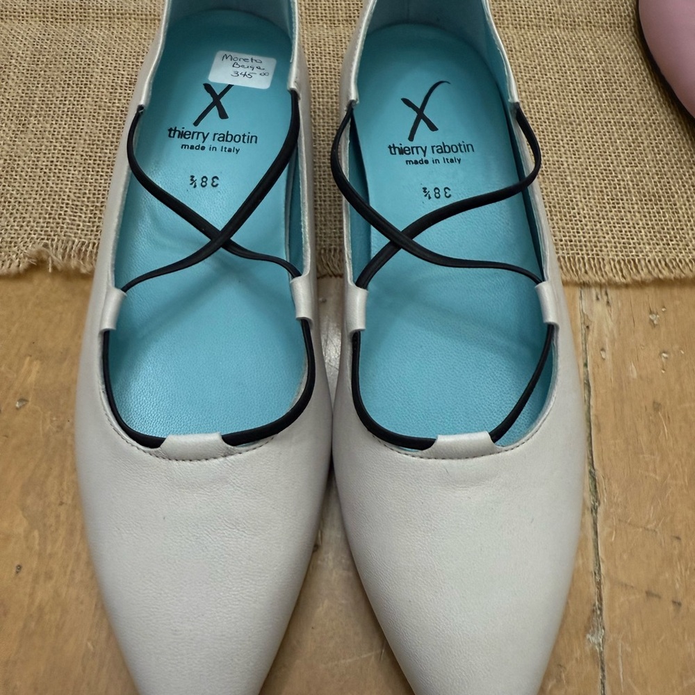 Thierry Rabotin White and Silver Ballet Flats with Crisscross Straps